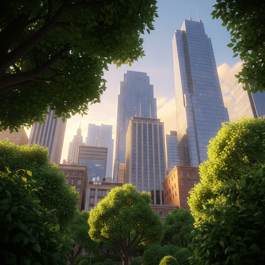 Stylized urban park view with skyscrapers and trees - Spark daily donations for meaningful impact